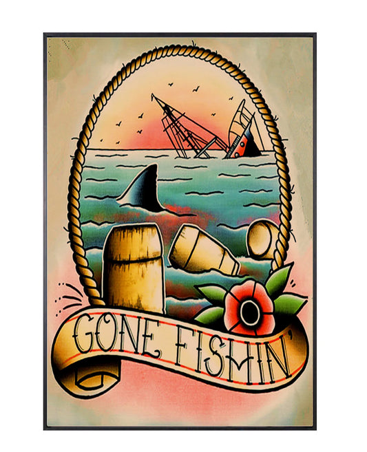 "gone fishin" tattoo poster