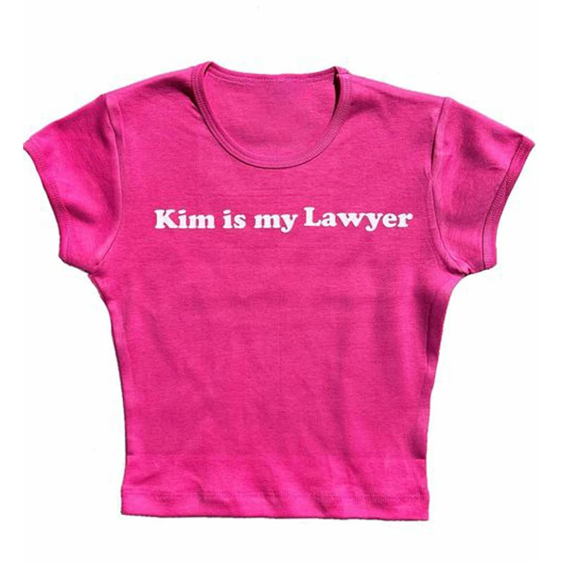 " kim is my lawyer " pink crop top