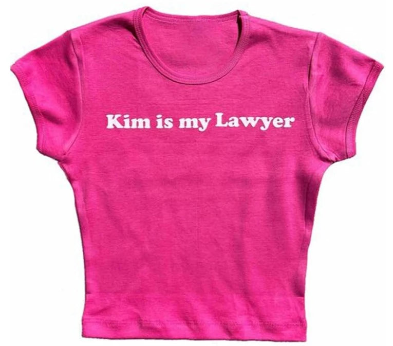 " kim is my lawyer " pink crop top